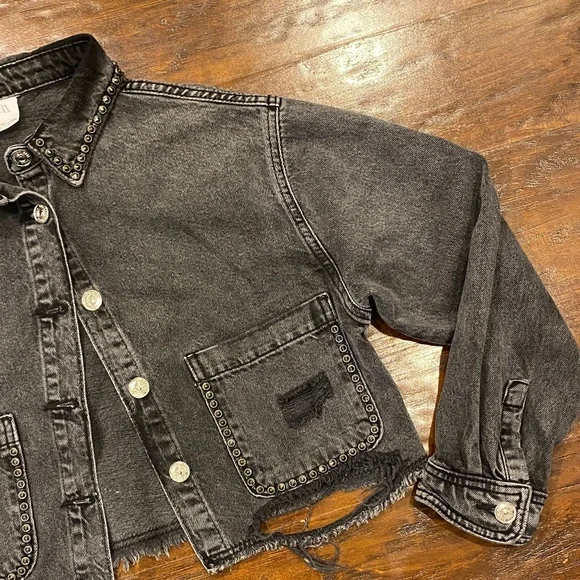 Zara Distressed Cropped Black Denim Jacket Girls Size 11-12 - Picture 5 of 10